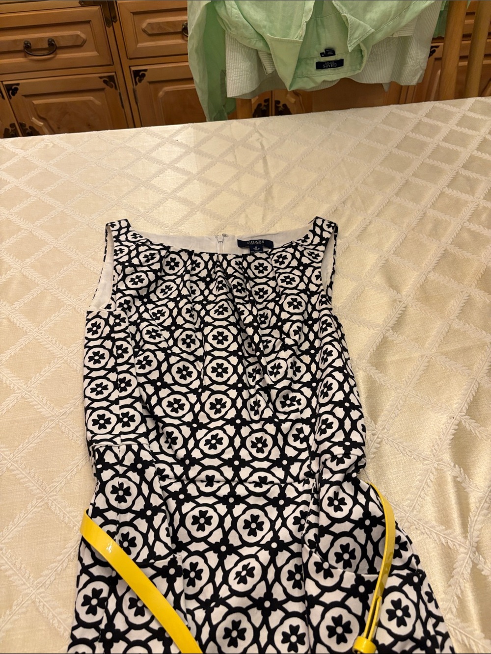 Talbots Black and White Geometric Floral Sleeveless Dress with Yellow Belt